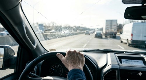 Cracked windshield affecting driver visibility and road safety