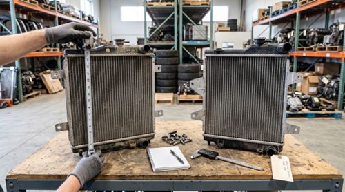 Comparing used radiator dimensions and mounting points for vehicle fitment in Edmonton.